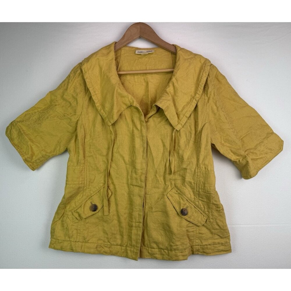 COLDWATER CREEK Lightweight Jacket Blouse 3/4 Sleeve Floral Brocade Yellow Sz 12